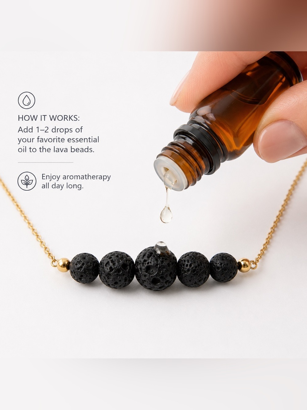 Black Lava Rock Essential Oil Diffuser Necklace Gold Filled Aromatherapy Jewelry - Picture 3 of 5